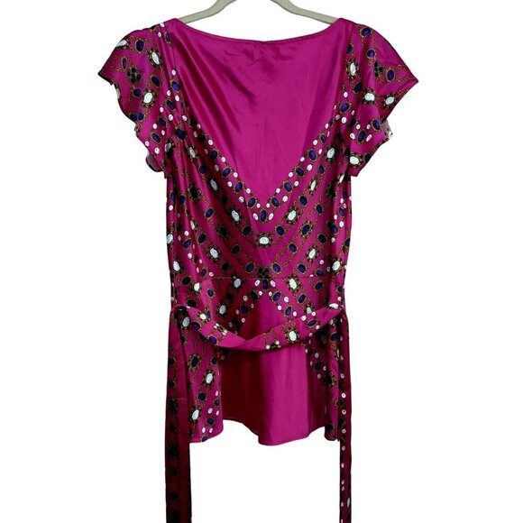 Cache Pullover Drape Neck Belted Magenta Print Tunic Top Flutter Sleeve Sz S - Picture 3 of 5